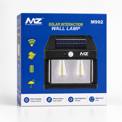 Premium packaging box of a solar motion sensor wall lamp (Model M992) featuring dual Edison-style LED lights, integrated solar panel, PIR motion sensor, IP65 waterproof rating, 1200LM brightness, and energy-saving solar charging