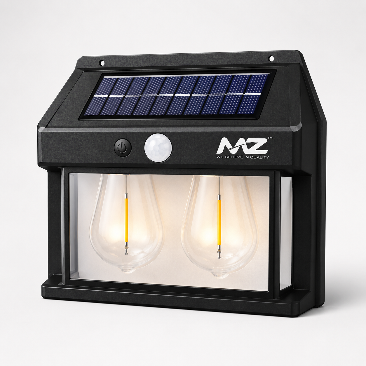 Front view of the black solar motion sensor wall lamp with integrated solar panel, PIR motion detector, dual warm LED filament-style light chambers, and weather-resistant wall-mounted design