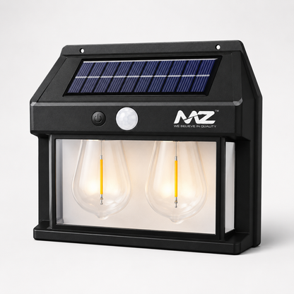 Front view of the black solar motion sensor wall lamp with integrated solar panel, PIR motion detector, dual warm LED filament-style light chambers, and weather-resistant wall-mounted design