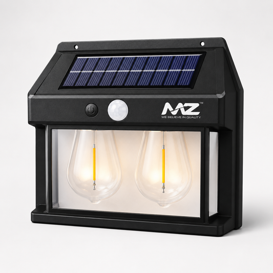 Front view of the black solar motion sensor wall lamp with integrated solar panel, PIR motion detector, dual warm LED filament-style light chambers, and weather-resistant wall-mounted design