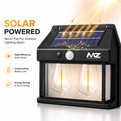 Promotional image illustrating sunlight charging the integrated solar panel on the outdoor wall lamp, emphasizing high-efficiency solar charging, long-lasting battery, energy-saving operation, and eco-friendly outdoor lighting.