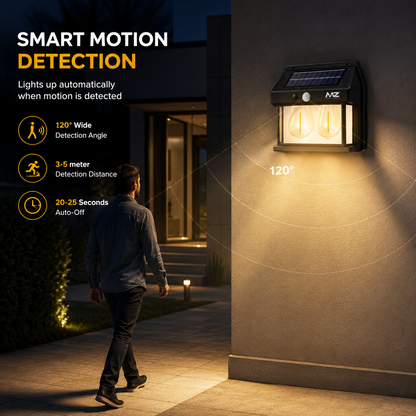 Outdoor lifestyle image showing the solar motion sensor wall lamp automatically illuminating as a person approaches, highlighting 120° detection angle, automatic activation, and home entrance security lighting.