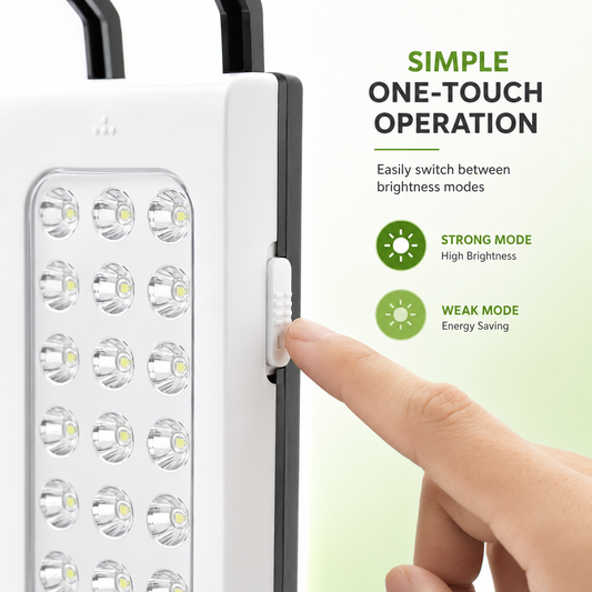 Close-up of the DP LED-716 rechargeable emergency hand lamp showing the side one-touch switch for easy brightness control between strong and weak lighting modes.