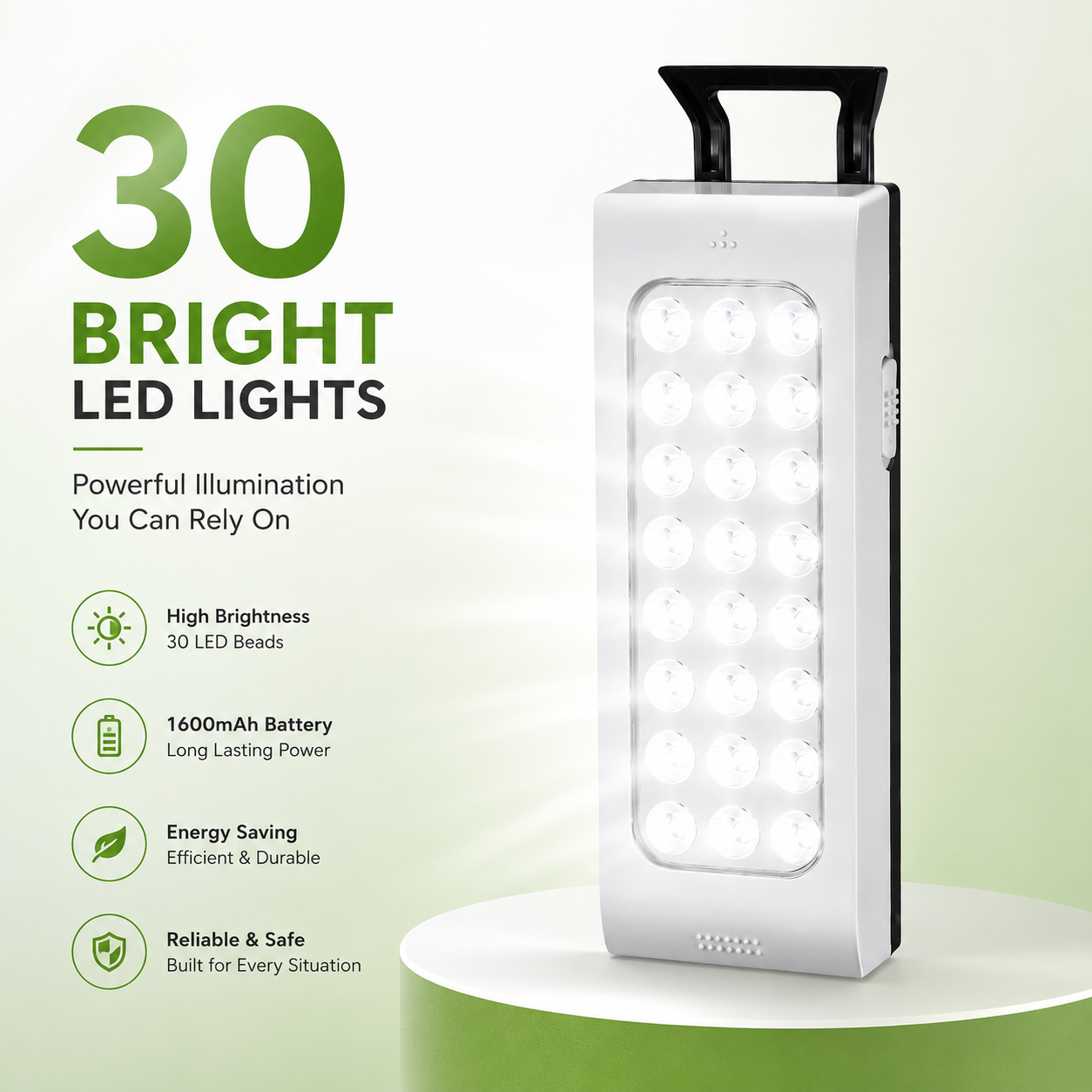 DP LED-716 portable rechargeable LED emergency lamp featuring 30 bright LED lights, a 1600mAh battery, energy-saving performance, and a durable carry-handle design.