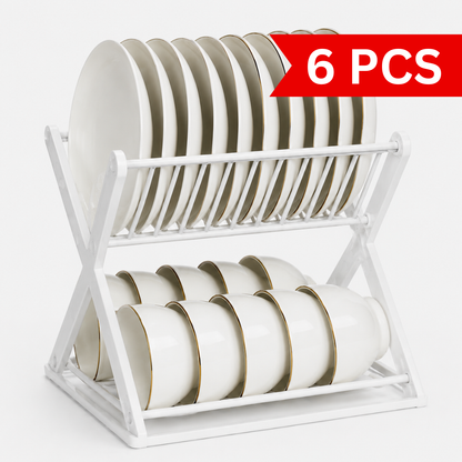 Space Saving Dish Organizer Rack holding dinner plates and bowls in a 2-tier design, compact countertop dish drying and storage solution