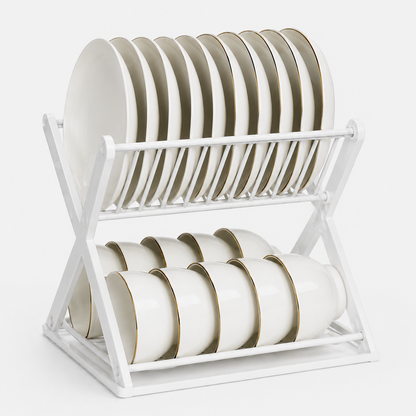 Space Saving Dish Organizer Rack holding dinner plates and bowls in a 2-tier design, compact countertop dish drying and storage solution