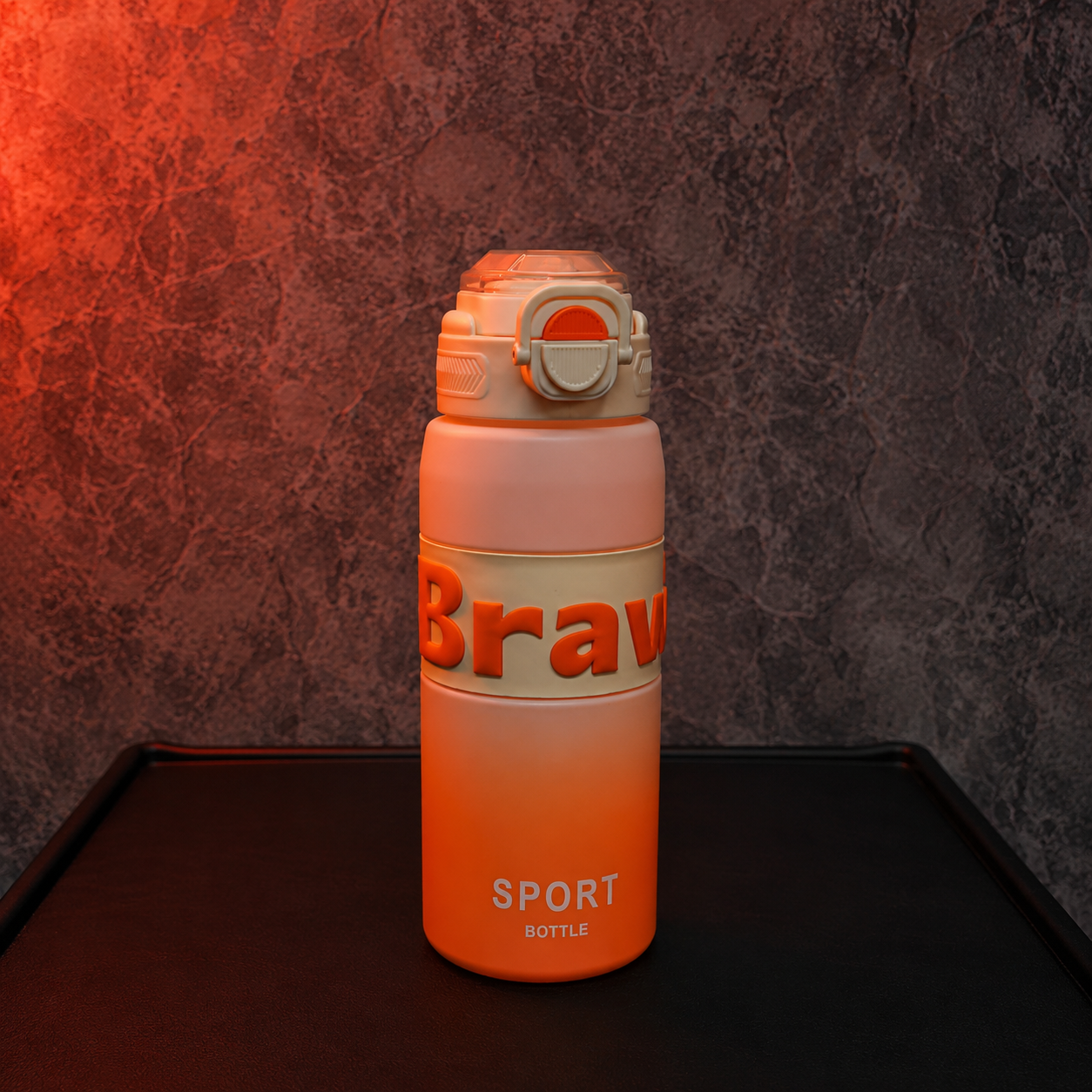 Orange SportSip Kids Water Bottle with flip straw lid, sporty Brave design and reusable drinking bottle for school and travel.