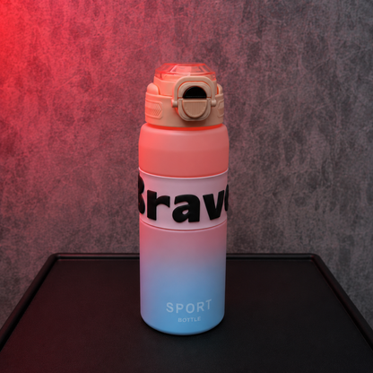 SportSip Kids Water Bottle with gradient pink and blue design, flip-top straw lid and sporty Brave branding for school and daily hydration.