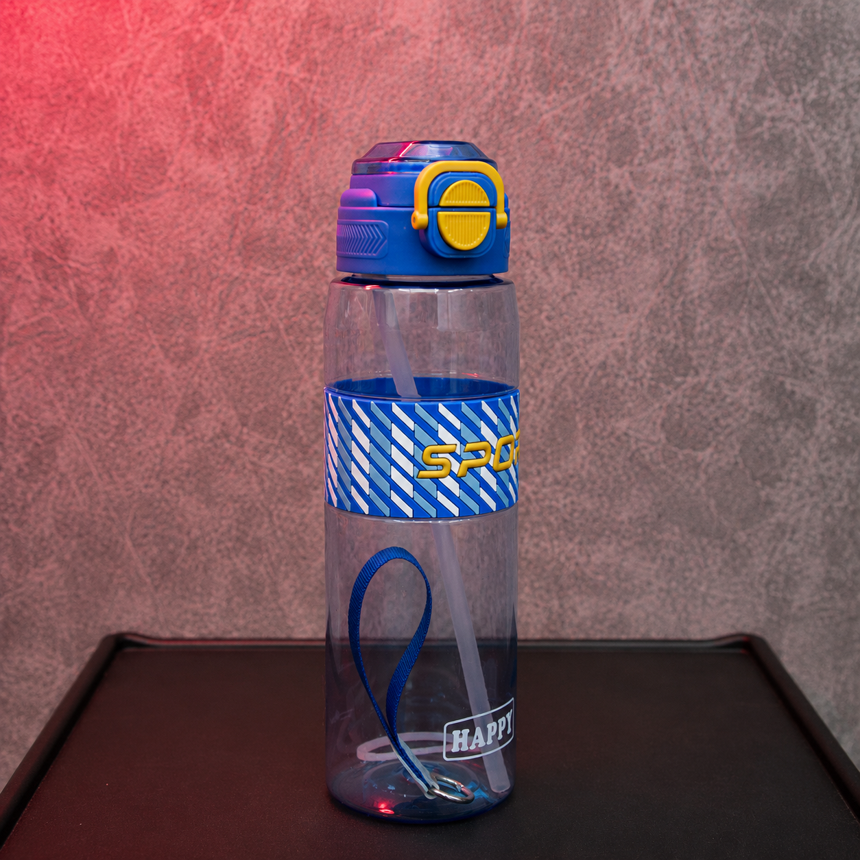Blue sports water bottle featuring a straw drinking system, secure flip-lock cap and wrist strap for everyday use.