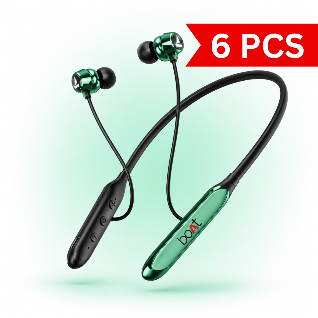 Premium product image of a green wireless Bluetooth neckband with metallic magnetic earbuds, flexible neckband, inline controls, built-in microphone and USB Type-C charging displayed