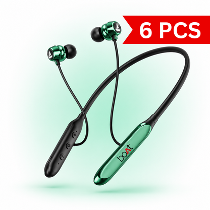 Premium product image of a green wireless Bluetooth neckband with metallic magnetic earbuds, flexible neckband, inline controls, built-in microphone and USB Type-C charging displayed