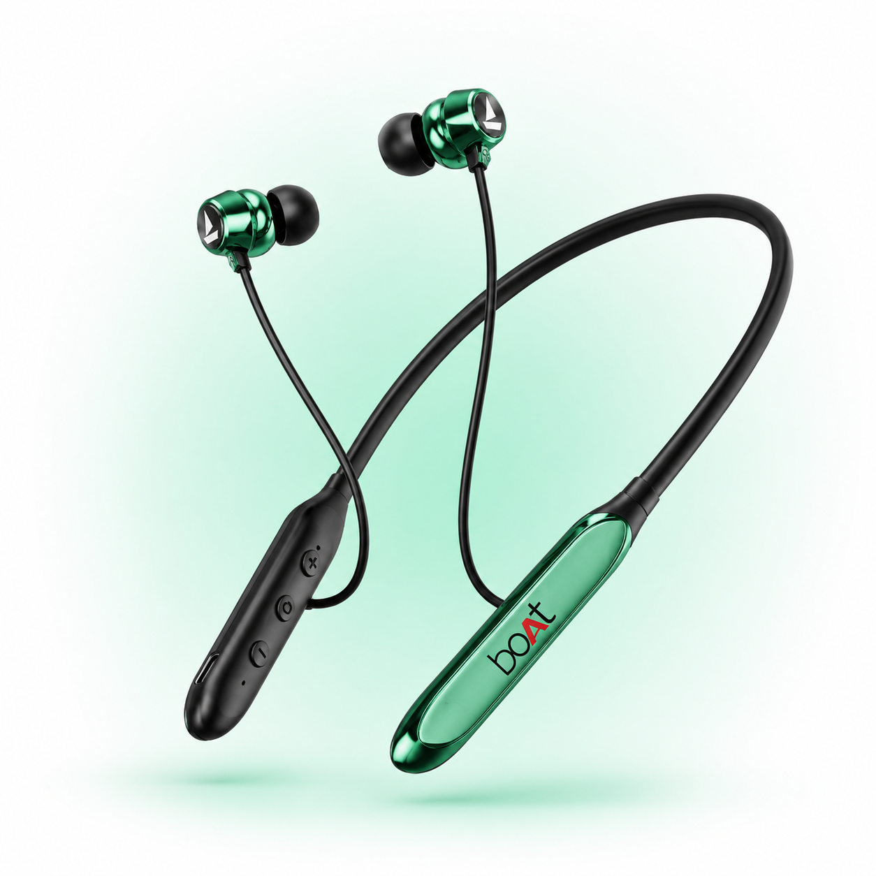 Premium product image of a green wireless Bluetooth neckband with metallic magnetic earbuds, flexible neckband, inline controls, built-in microphone and USB Type-C charging displayed