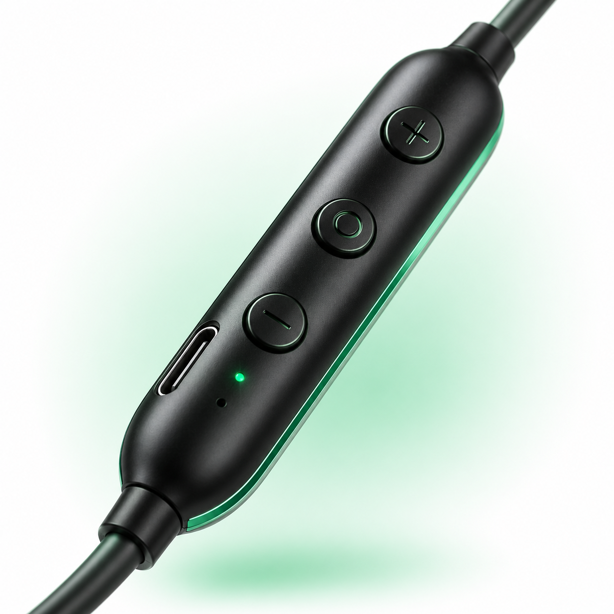 Macro view of the wireless neckband's inline control module featuring volume buttons, multifunction button, LED indicator and USB Type-C charging port on a sleek black finish.