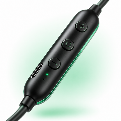 Macro view of the wireless neckband's inline control module featuring volume buttons, multifunction button, LED indicator and USB Type-C charging port on a sleek black finish.