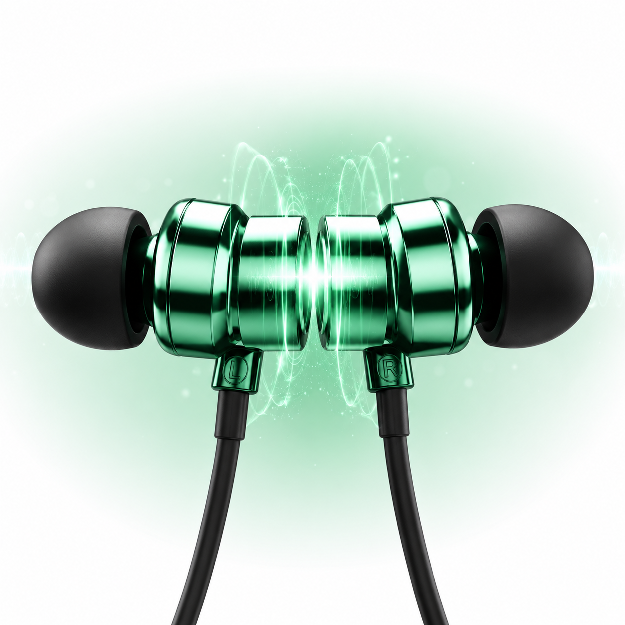 Close-up of premium metallic green magnetic earbuds attached together with soft silicone ear tips, showcasing the magnetic connection feature on a clean white background with subtle green glow.