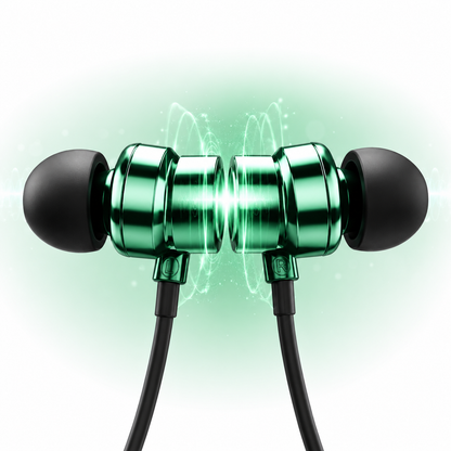 Close-up of premium metallic green magnetic earbuds attached together with soft silicone ear tips, showcasing the magnetic connection feature on a clean white background with subtle green glow.