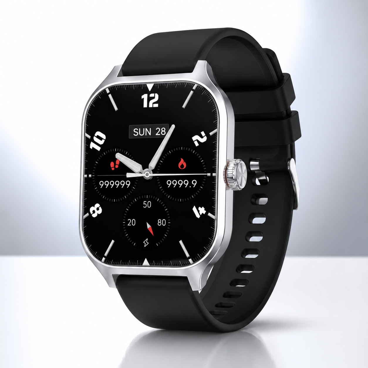 Square smartwatch with a silver metal-look case, black silicone strap and full-touch display.