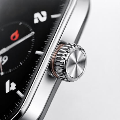 Close-up of the smartwatch's precision rotating crown and premium metal-look finish.