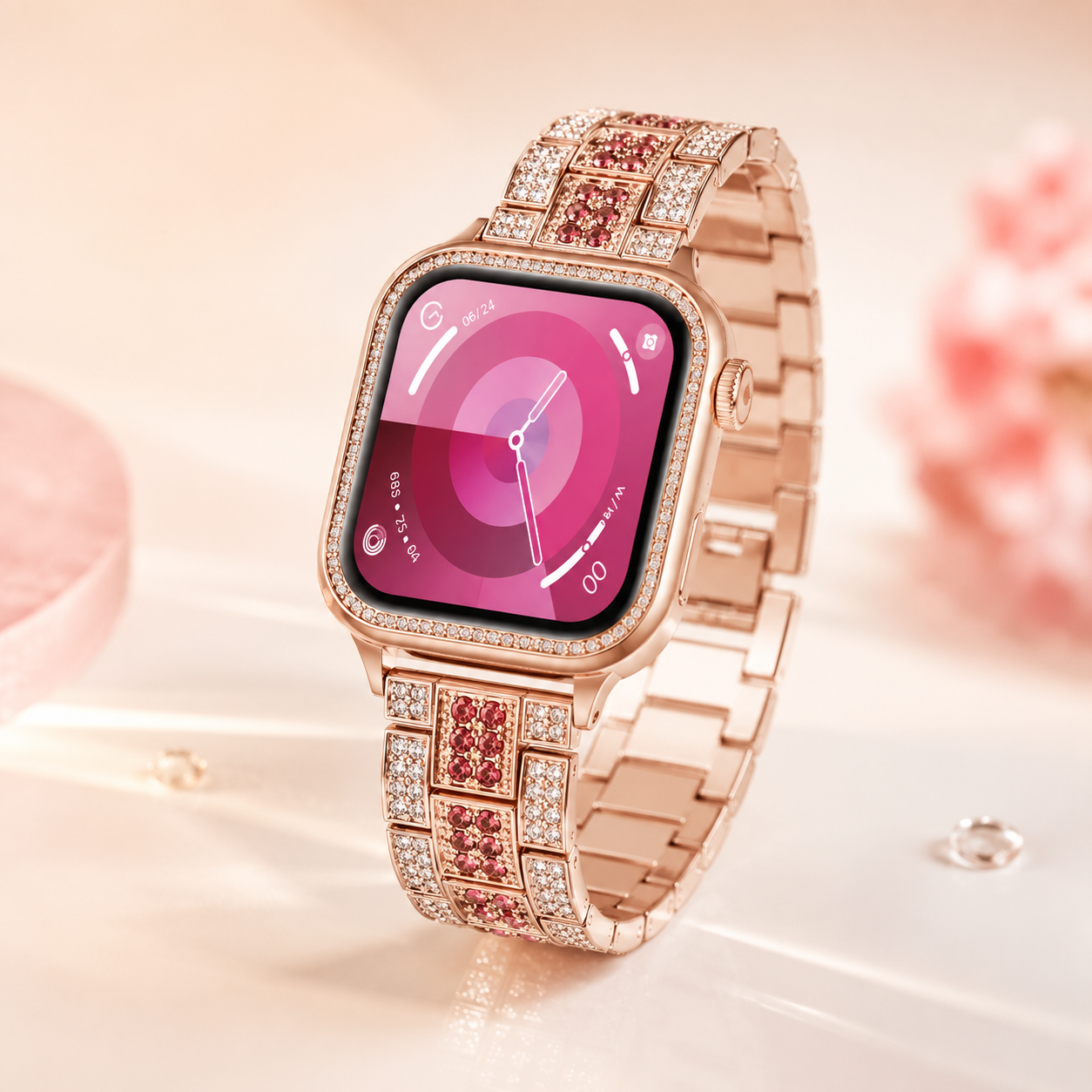 Luxury rose gold square smartwatch with a crystal bezel and jewellery-style metal bracelet.