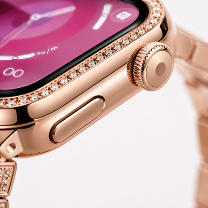 Close-up of the precision rotating crown, side button and crystal-studded bezel on the rose gold smartwatch.