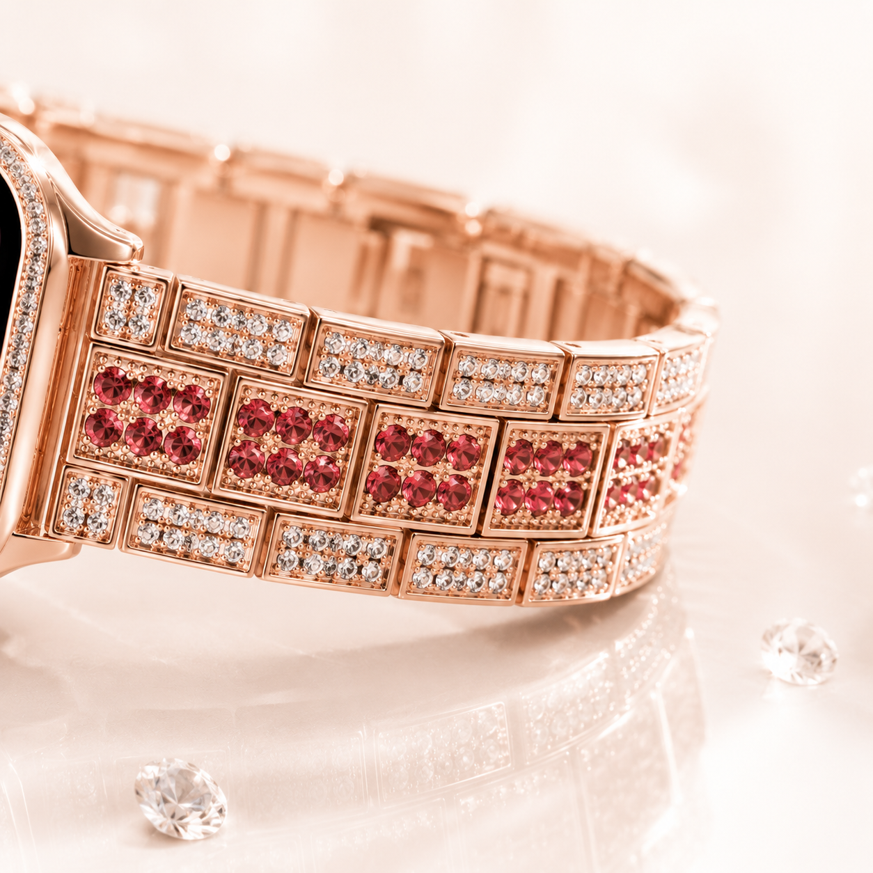 Close-up of the rose gold crystal-studded metal strap with premium jewellery-style detailing.