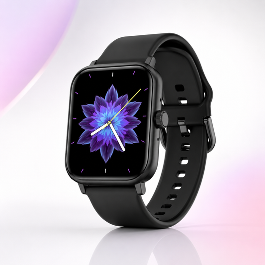 Premium black Bluetooth calling smartwatch with a square full-touch display, black silicone strap, rotating crown, and vibrant floral analog watch face
