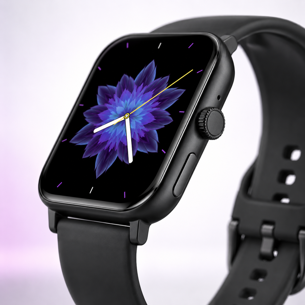Close-up of the black smartwatch showcasing the premium square display, textured rotating crown, side function button, matte black metal-look frame, and comfortable silicone strap.