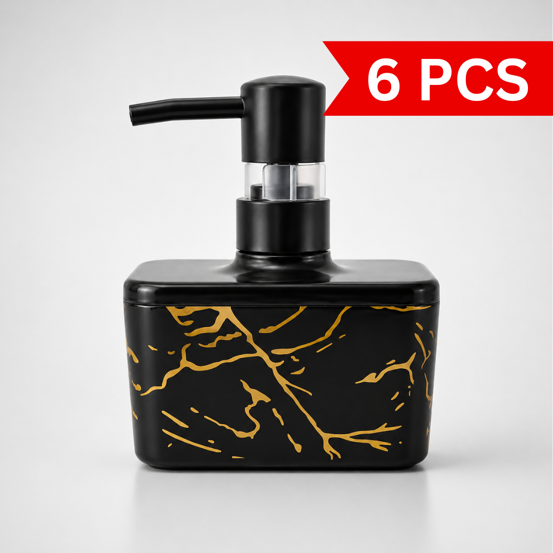 Square Hand Wash Pump Dispenser Bottle in black marble design with refillable pump, modern liquid soap dispenser for bathroom and kitchen countertop