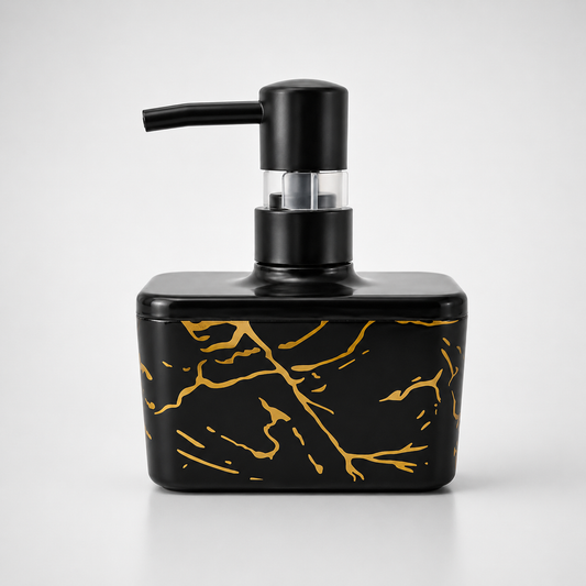 Square Hand Wash Pump Dispenser Bottle in black marble design with refillable pump, modern liquid soap dispenser for bathroom and kitchen countertop