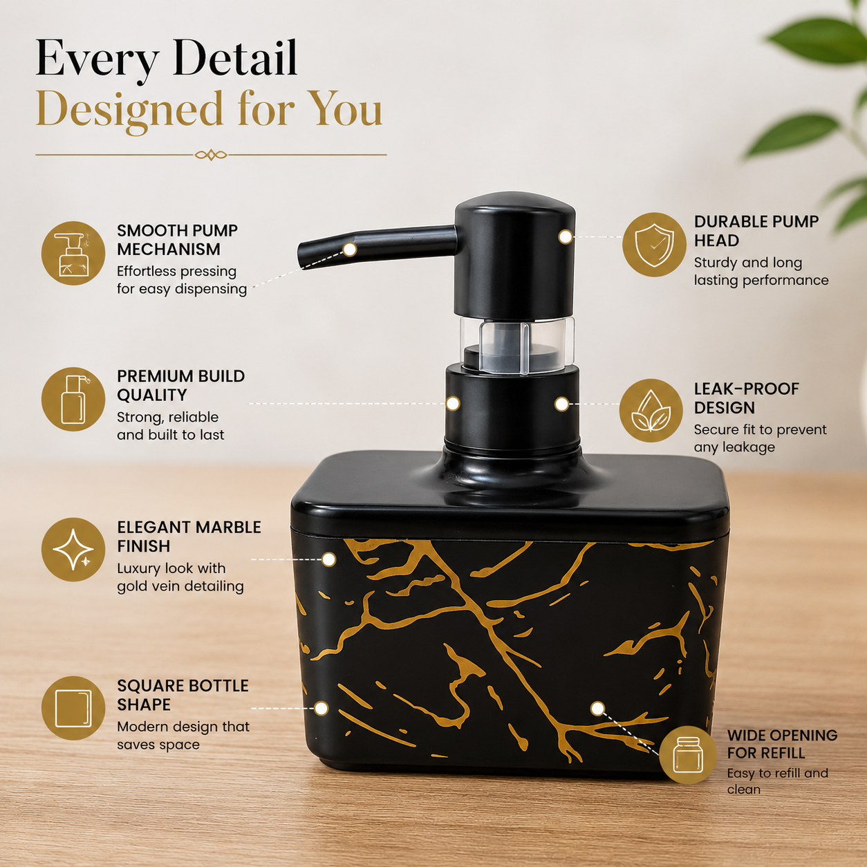 Square Hand Wash Pump Dispenser Bottle with black marble finish, gold vein detailing, refillable leak-proof soap dispenser for bathroom and kitchen sink use