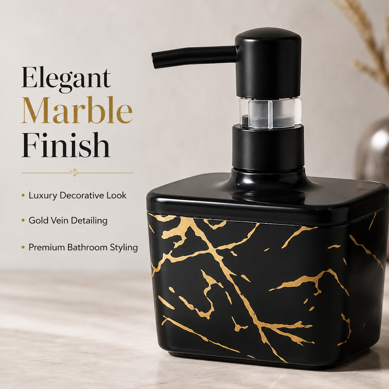 Square Hand Wash Pump Dispenser Bottle with elegant black marble pattern and gold detailing, premium bathroom soap dispenser décor accessory