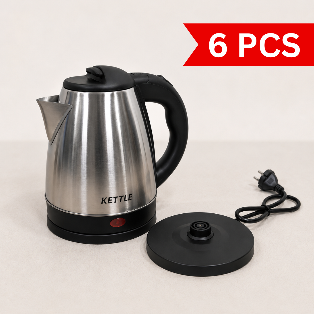 Stainless Steel Electric Kettle with cordless swivel base and indicator light, premium brushed metal finish, isolated 