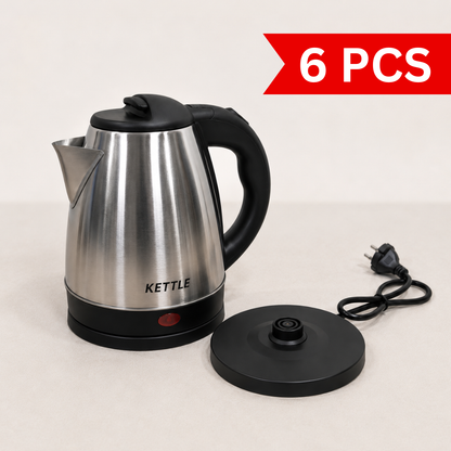 Stainless Steel Electric Kettle with cordless swivel base and indicator light, premium brushed metal finish, isolated 