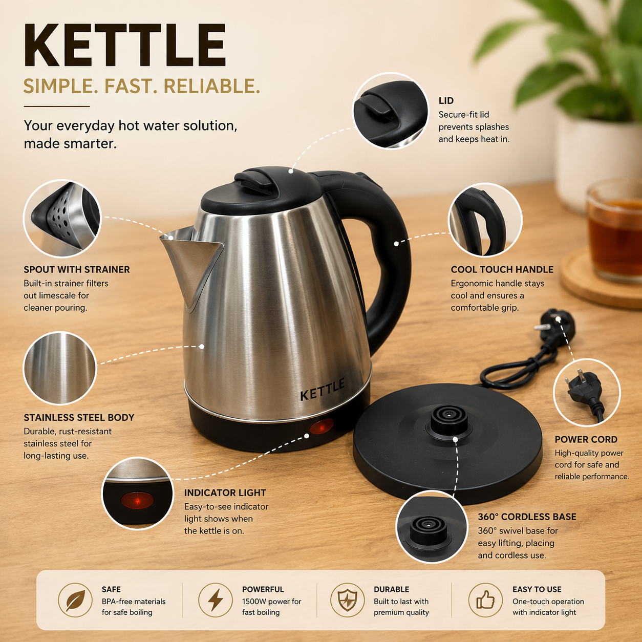 Stainless Steel Electric Kettle with 360° cordless base, cool-touch ergonomic handle, indicator light, strainer spout, power cord and stainless steel body feature infographic.