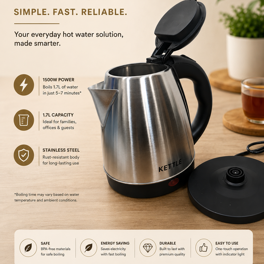 1.7L Stainless Steel Electric Kettle with open lid, 1500W fast boiling power, rust-resistant body and cordless base on modern kitchen countertop.