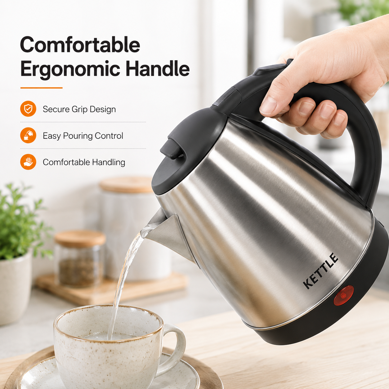 Stainless Steel Electric Kettle pouring hot water into a ceramic cup, showcasing ergonomic cool-touch handle, secure grip design and precision pouring spout.