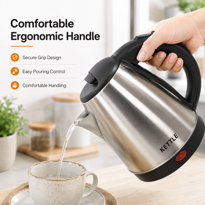 Stainless Steel Electric Kettle pouring hot water into a ceramic cup, showcasing ergonomic cool-touch handle, secure grip design and precision pouring spout.