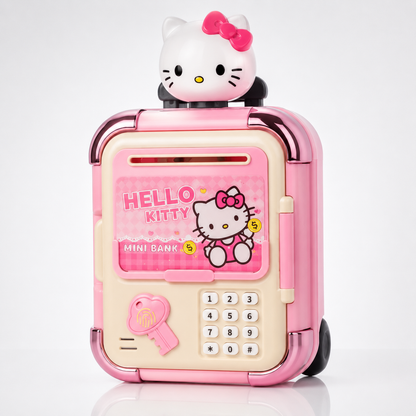 Pink cat-themed electronic piggy bank for kids with password keypad, fingerprint sensor, automatic cash deposit slot, and rolling suitcase-style design.
