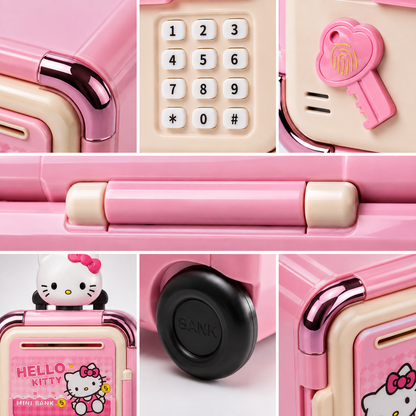 Close-up collage of an electronic kids money bank showing the password keypad, fingerprint-style touch sensor, carry handle, wheels, metallic corner details, and mini suitcase design in pink.