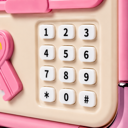 Close-up of the numeric password keypad on an electronic money bank for kids with easy-to-press buttons for secure access.