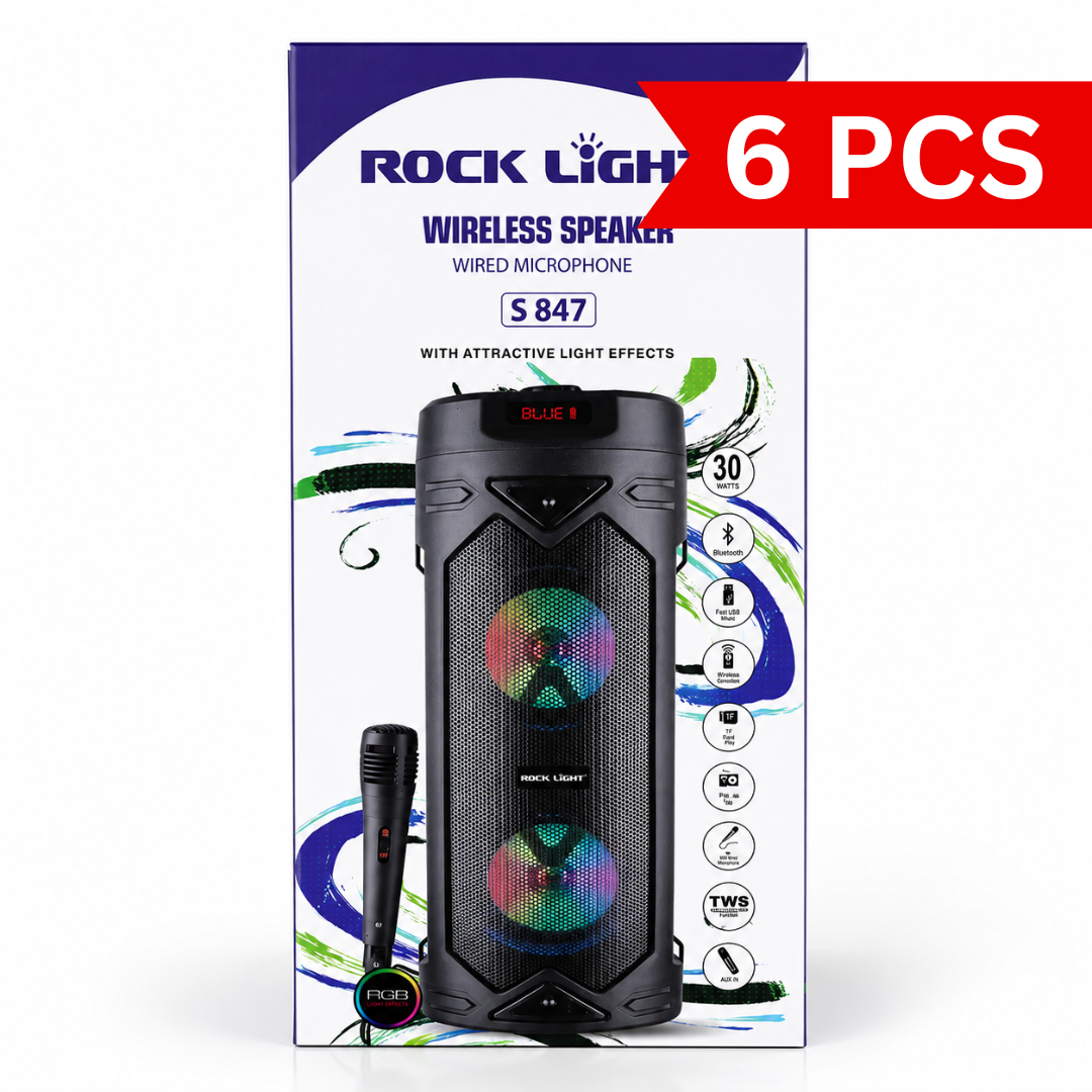 30W wireless karaoke speaker with wired microphone, dual RGB LED speaker lights, Bluetooth connectivity, FM radio, USB and TF card support, portable party speaker for indoor and outdoor entertainment.