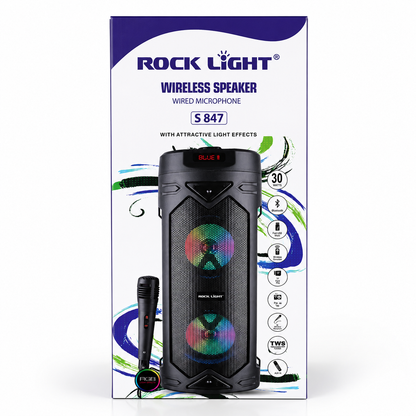30W wireless karaoke speaker with wired microphone, dual RGB LED speaker lights, Bluetooth connectivity, FM radio, USB and TF card support, portable party speaker for indoor and outdoor entertainment.