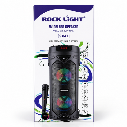 30W wireless karaoke speaker with wired microphone, dual RGB LED speaker lights, Bluetooth connectivity, FM radio, USB and TF card support, portable party speaker for indoor and outdoor entertainment.