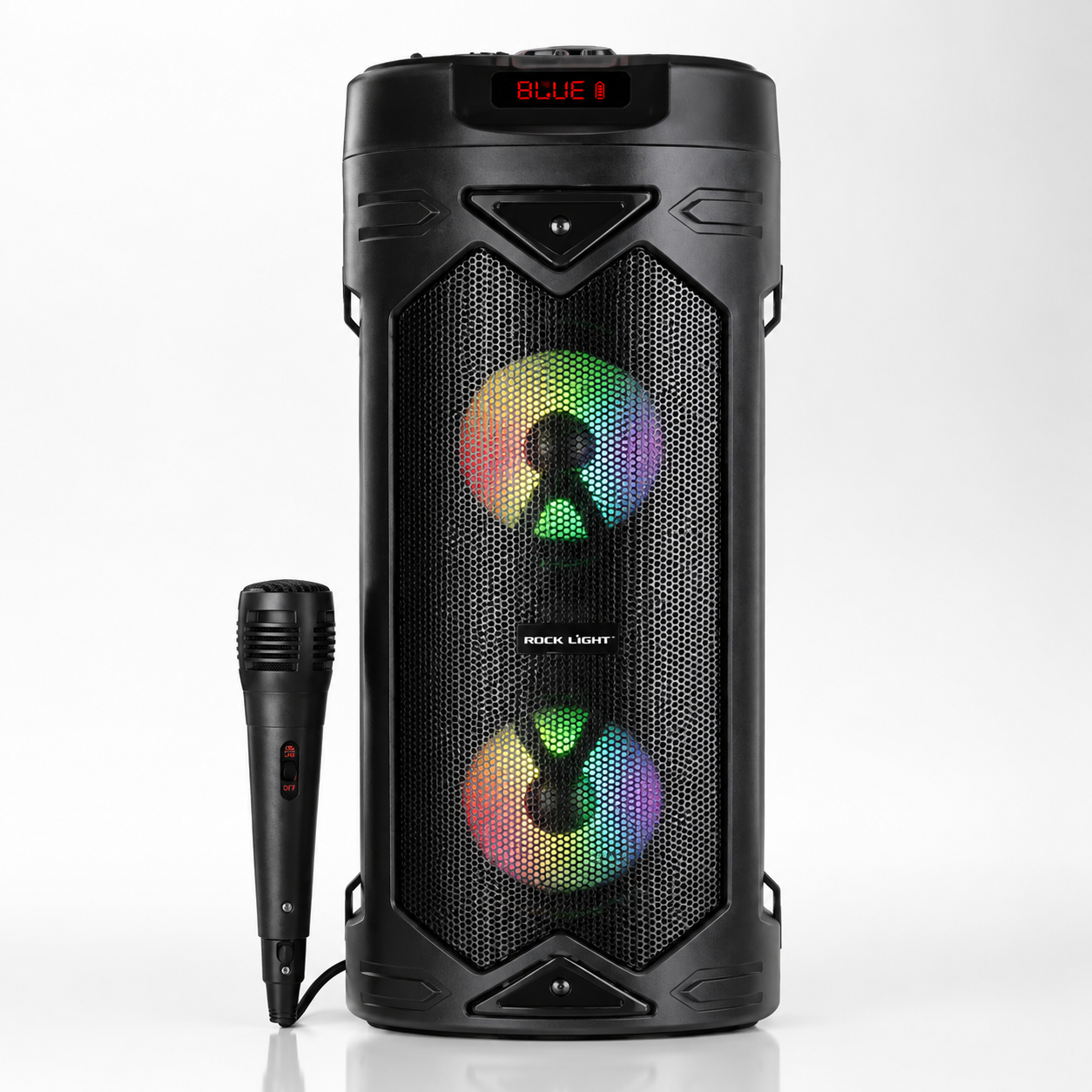 Portable Bluetooth party speaker with colorful RGB lighting effects and wired microphone. Features FM radio, USB playback, TF card reader, TWS pairing and rechargeable battery.