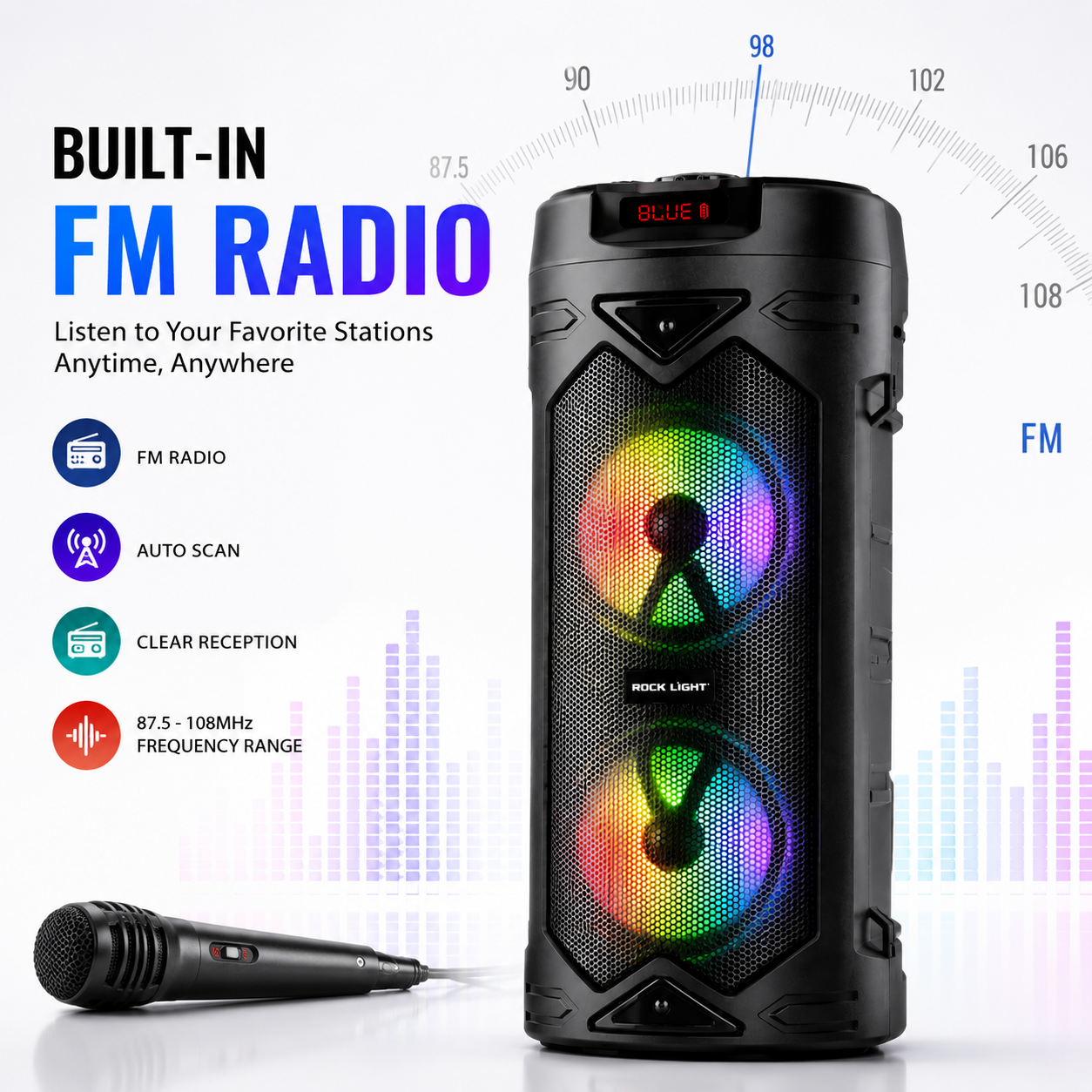 Black wireless multimedia speaker with RGB LED light effects, LED display, wired microphone, FM radio, USB music playback and TF card support.