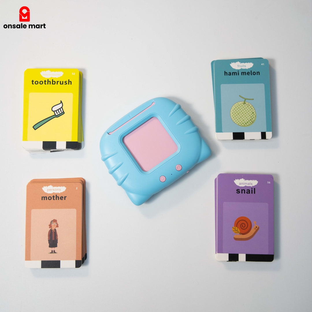 Top-down view of the blue talking flash card reader, highlighting the device's size and the card categories.