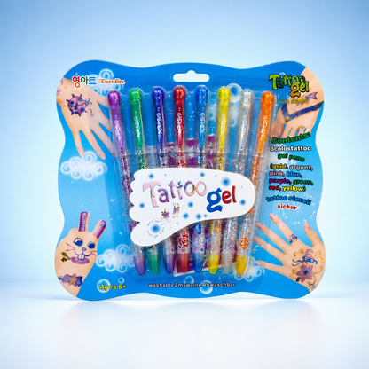 Temporary Tattoo Gel Pen Set for Kids with 8 Washable Color Pens and Tattoo Stencil Stickers