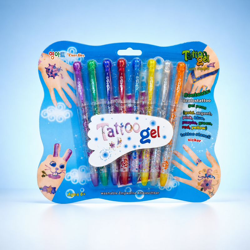 Temporary Tattoo Gel Pen Set for Kids with 8 Washable Color Pens and Tattoo Stencil Stickers