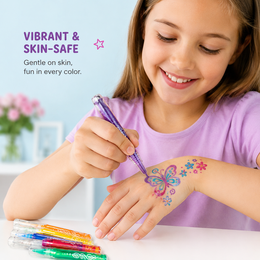 Vibrant Skin Safe Temporary Tattoo Gel Pen Set for Kids with Colorful Butterfly Tattoo Design