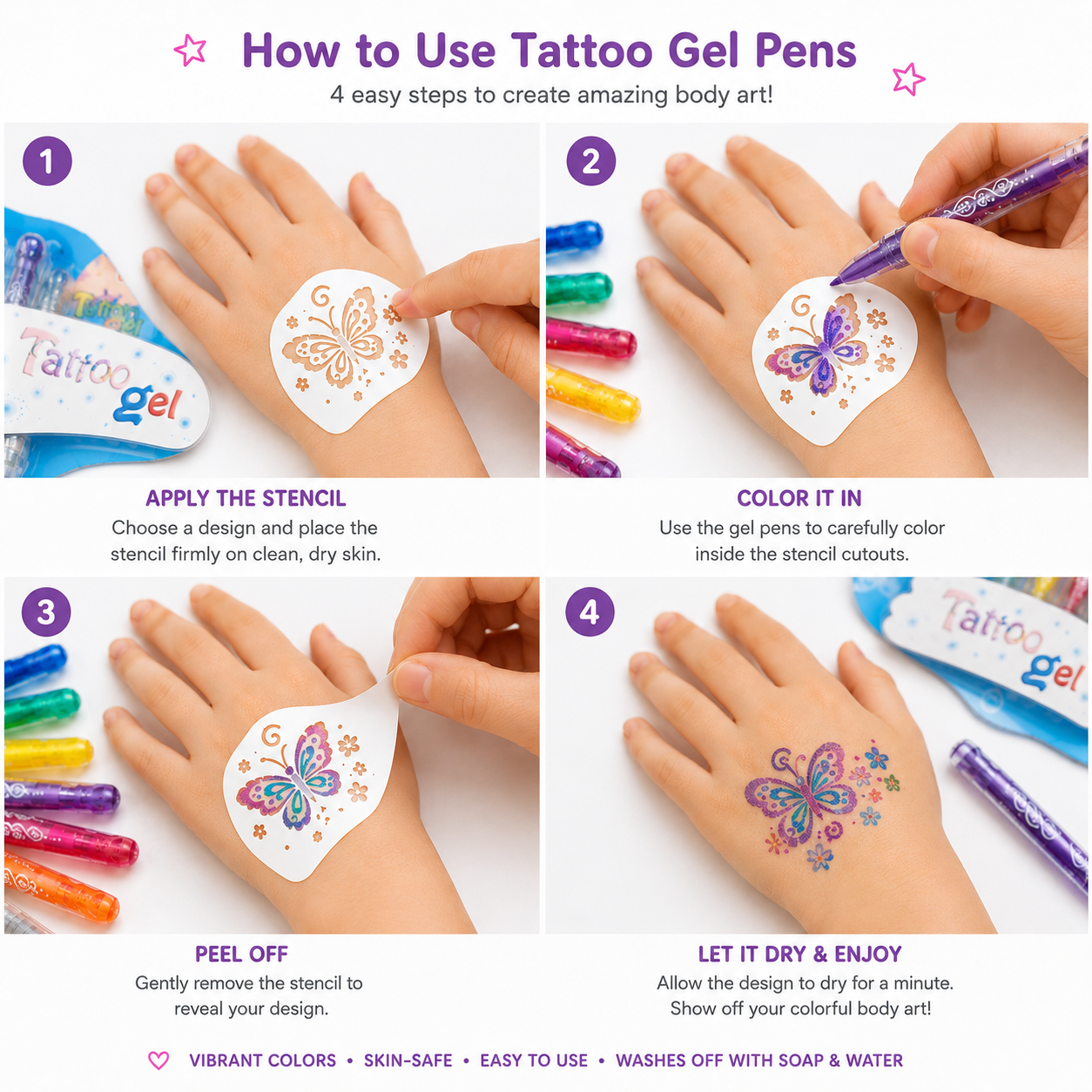 How to Use Temporary Tattoo Gel Pen Set for Kids with Tattoo Stencil Stickers and Washable Body Art